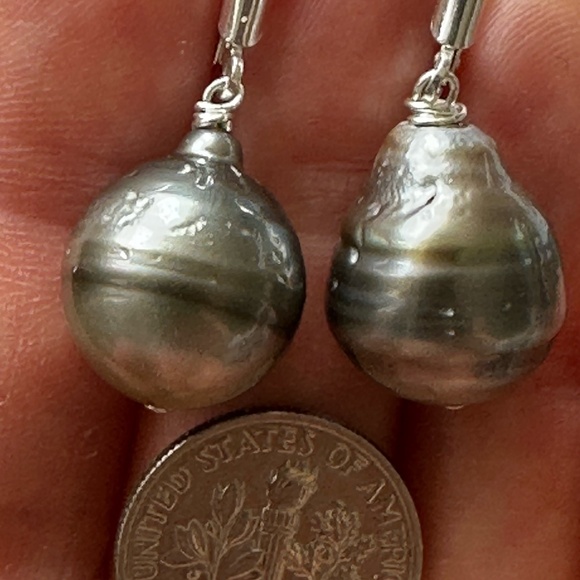 13mm Wide HUGE Baroque REAL Tahitian Pearl Earrings - 925 Sterling Silver - Picture 5 of 7